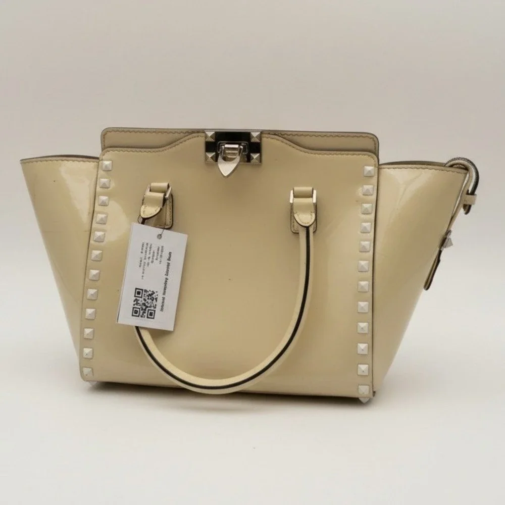 Valentino Garavani Rockstud Patent‎ Leather Satchel Cream – Authentic